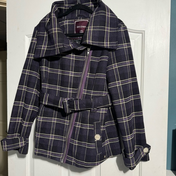 Gentle Fawn Jackets & Blazers - Gentle Fawn Pea Coat Purple Black Plaid Wool Blend Size Large